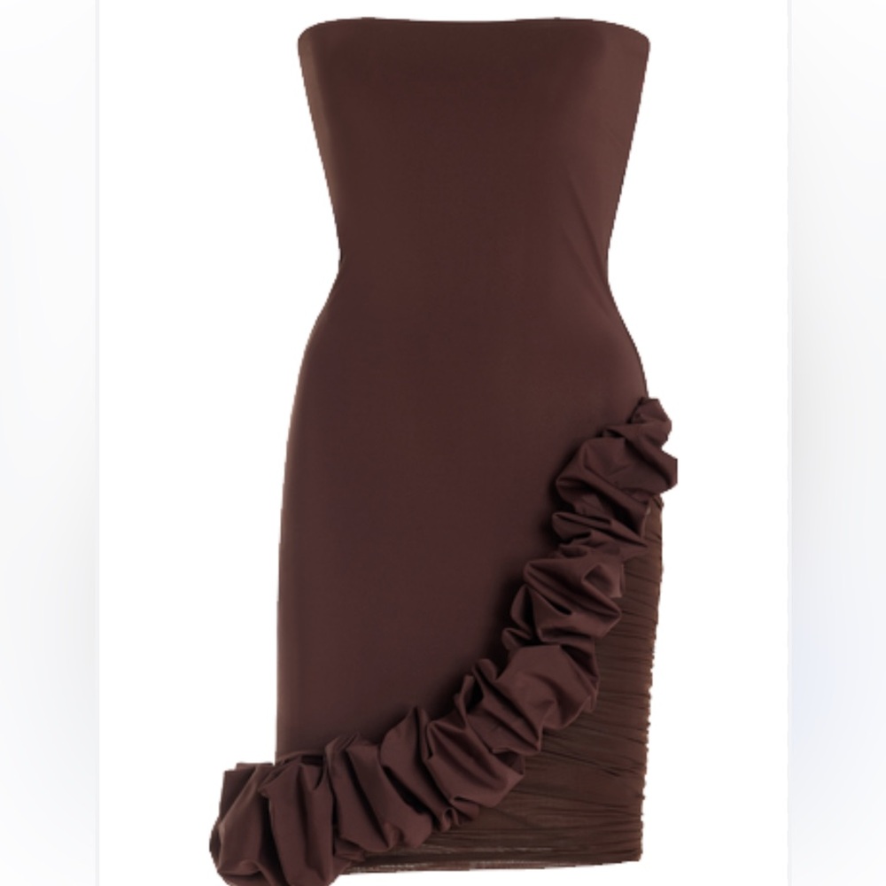 Maygel Colonel Chari Ruffled Jersey Strapless Mini Dress - NWOT - Brown - OS